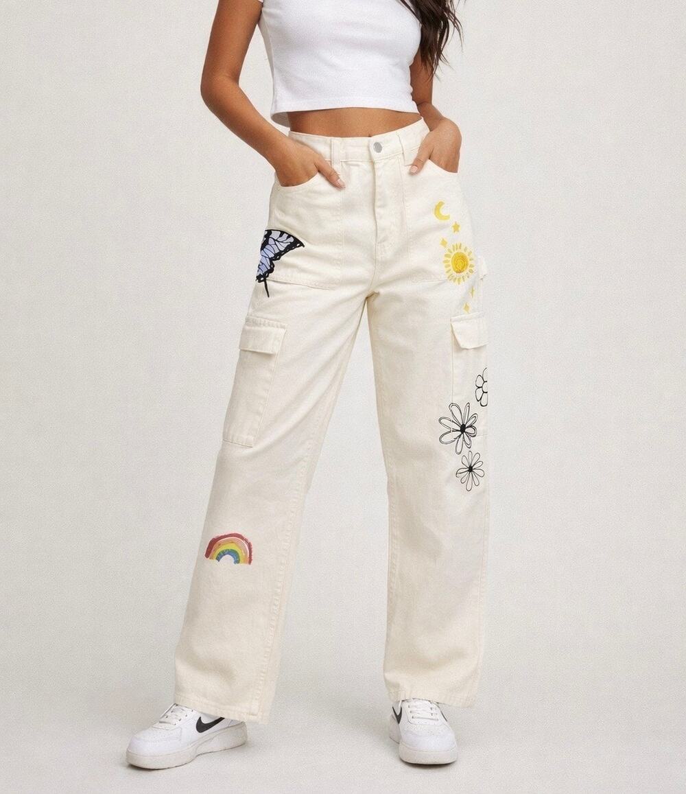 PacSun Sketchbook High Rise Carpenter Cargo Jeans Cream Doodle Size 27